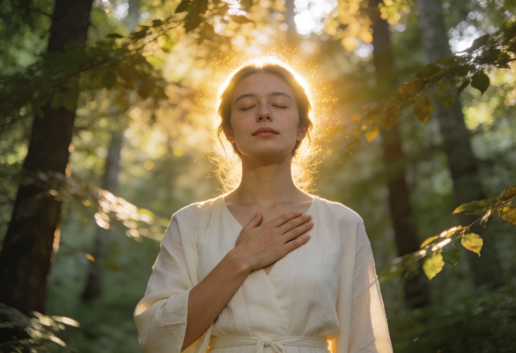 Person practicing 2-minute Watcher reset meditation with hand on heart for anxiety relief and metacognitive awareness activation