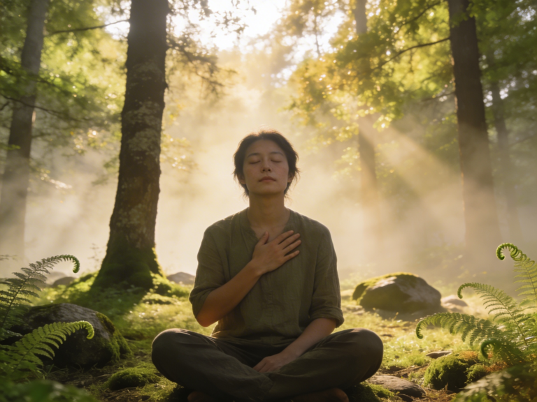 Person practicing sacred solitude in peaceful forest setting demonstrating 30-day protocol for transforming loneliness into self-companionship and inner peace