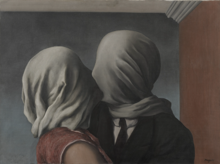 René Magritte The Lovers 1928 — two figures kissing through white cloth — projection in relationships psychology